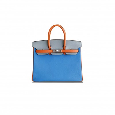 HERMÈS BIRKIN 25 EPSOM WATER BLUE GLACIER GREY AND ORANGE WITH SILVER BUCKLE BAG H028362CC02 (25*18*13cm)